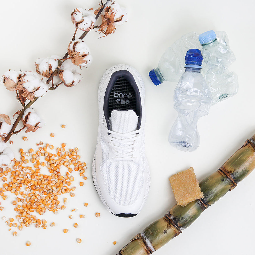 Aerial view of Bahé Recharge shoe surrounding by sustainable material used