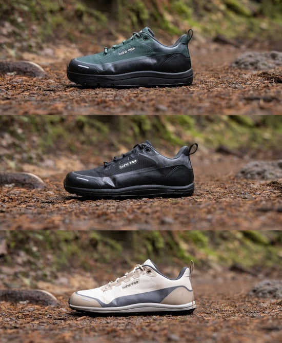 Three pairs of shoes in green, black, and white on a natural background. Each shoe has a different sole thickness