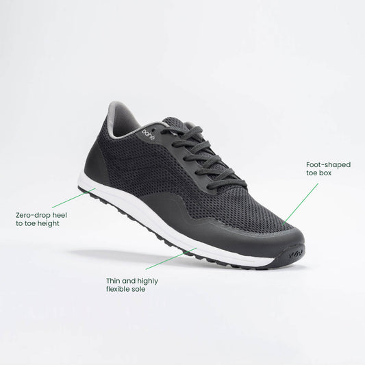 Black athletic shoe with text labels on a white background