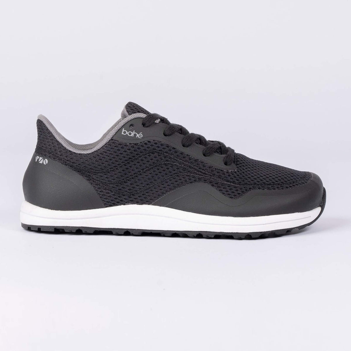 Black and gray sneaker with 'bahé' branding on a light gray background