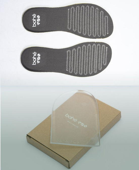 Gray shoe insoles with brand logo on a white background