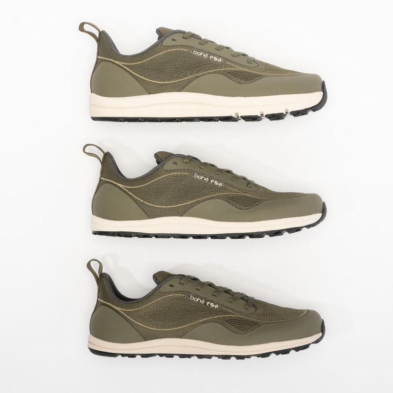 Three Bahé barefoot shoes with white soles on a white background