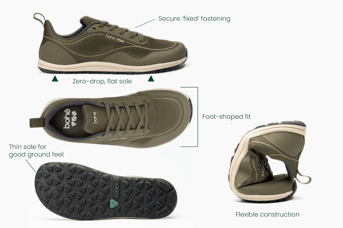 An infographic showing multiple views of an olive green Barefoot-style shoe with callout text explaining features such as secure fixed fastening, zero-drop flat sole, foot-shaped fit, thin sole for good ground feel, flexible construction, and a side profile view.