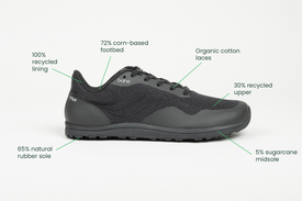 Profile view Bahé Revive barefoot style grounding shoes in Eclipse (black) with sustainable materials callouts