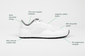 Profile view Bahé Revive barefoot style grounding shoes in Frost (white) with sustainable materials callouts