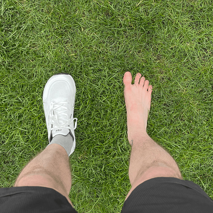 Three side-by-side images of a person running on grass