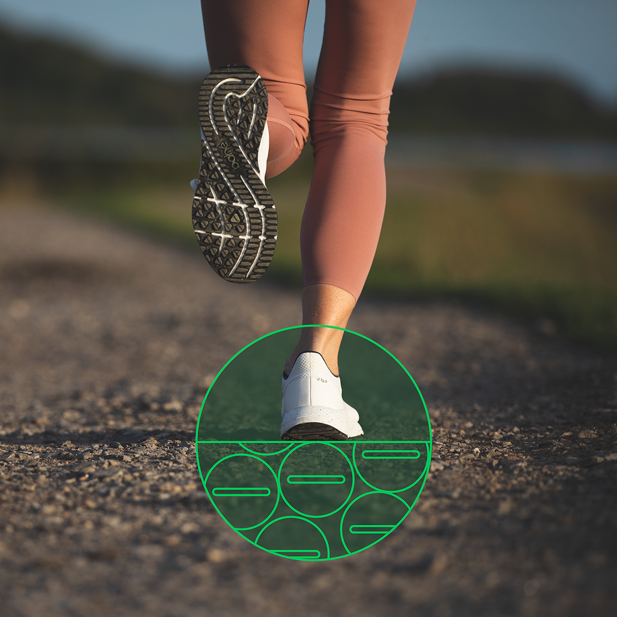 graphic overlay o image of woman running showing bahé grounding shoes conducting electrons from earth