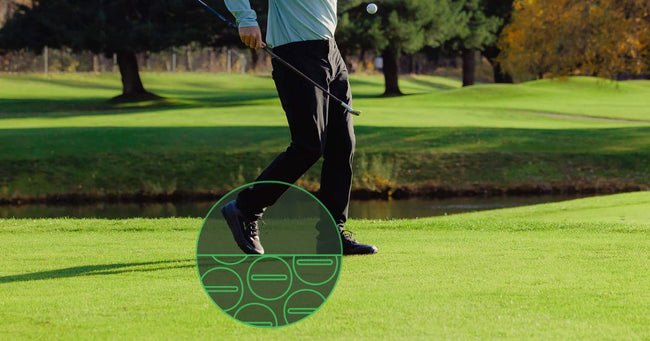 Golfer on a golf course with a close-up of golf shoes showing grounding technology