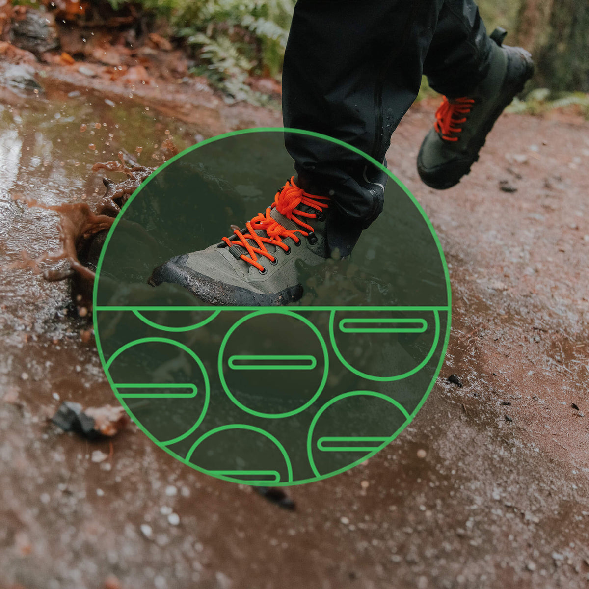 Person wearing khaki boots with orange laces walking through a muddy puddle, with a close-up of the shoe sole design.