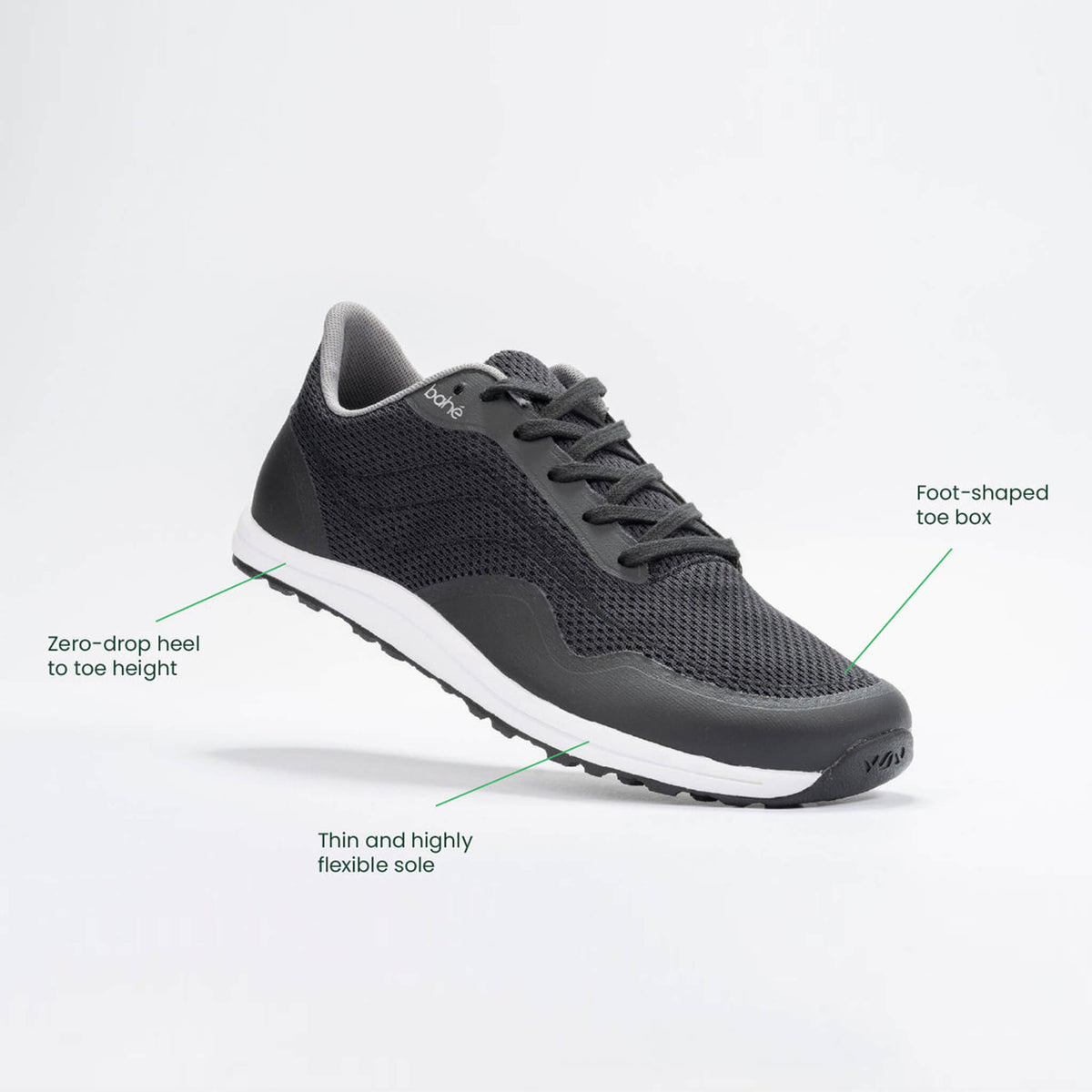 Black athletic shoe with text labels on a white background