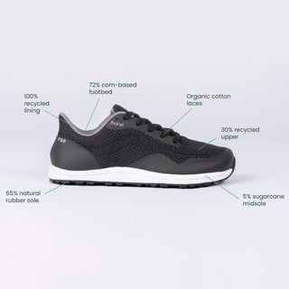 Black sneaker with sustainability features labeled on a white background