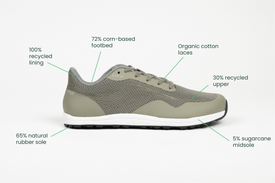 Profile view Bahé Revive barefoot style grounding shoes in Forest (green) with sustainable materials callouts