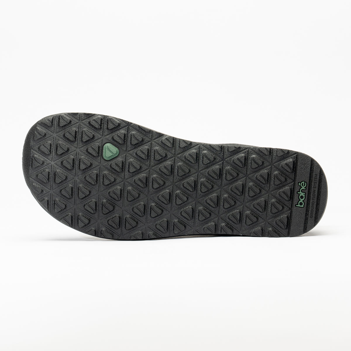 Black sole of a shoe with a brand logo on a white background