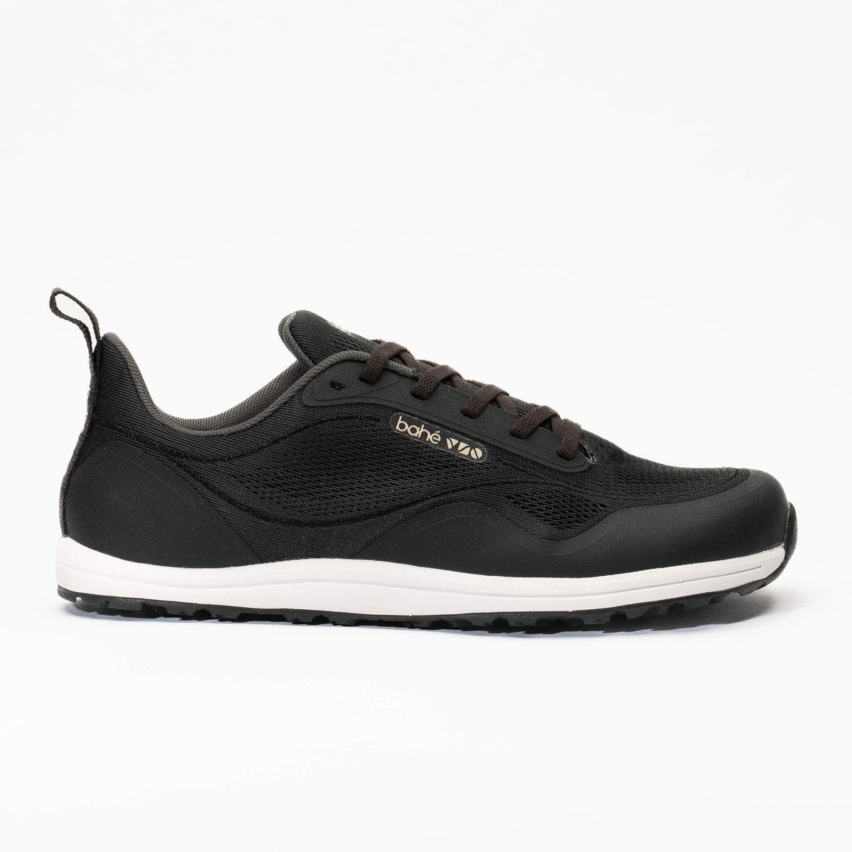 Black sneaker with white sole on a white background