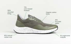 Profile view of Bahé Recharge grounding shoes in Forest (green) with sustainable materials callouts
